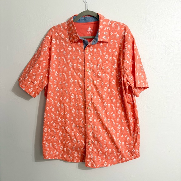 Disney Parks Men's Shirt Hawaiian Tropical Mickey Mouse - Orange Button Up Short - Picture 1 of 4